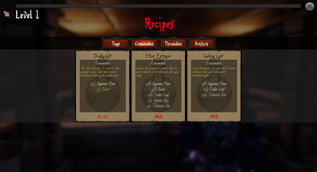 Crafting recipes screen
